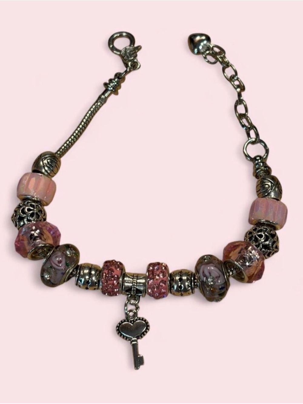 Handmade Rose Pink Bead Charm Bracelet with Key Charm